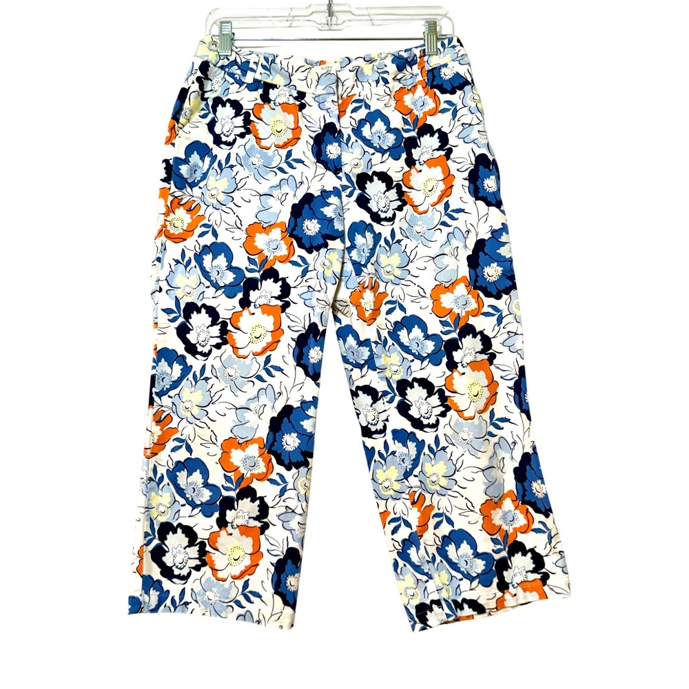 Liz Claiborne Womens 8 Audra Floral Capri Pants Blue Orange White Cotton Stretch